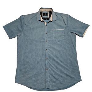 Craft Flow Short Sleeve Button Up Shirt Light Blue with Tan Dots Size L